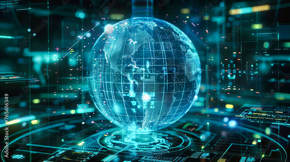 Fototapeta premium Global digital networking concept, emphasizing connectivity and information exchange across the world through advanced technology and internet