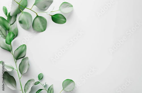 
A green twig with leaves lying on a white canvas, a white sheet of paper, a gradient, a watman with a branch of greenery, a mockup for a photo 4 photo