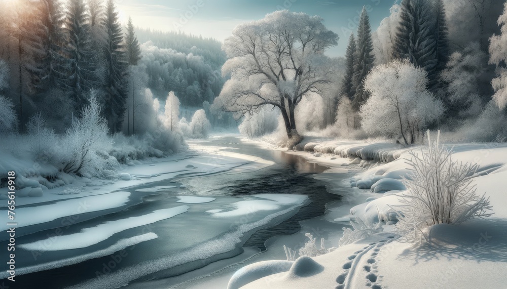 A picturesque winter scene where a partially frozen river winds through a snow-covered landscape.