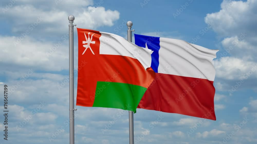 Chile and Oman two flags waving together, looped video, two country relations concept Chile and Oman two flags waving together, looped video, two country relations concept