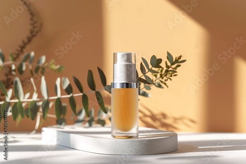 (Mockup) Elegant Cosmetic Serum Bottle on White Pedestal