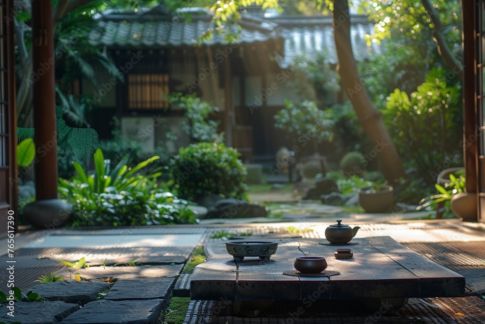 Traditional tea ceremony, tranquil garden setting, morning, cultural serenity , photographic style