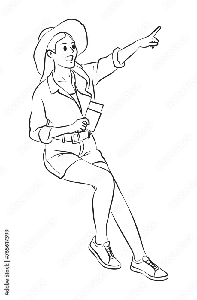 Girl pointing holiday pose cartoon illustration
