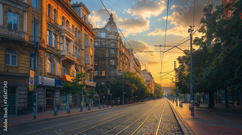 Quiet city street at sunrise with vintage buildings and tram tracks, urban morning