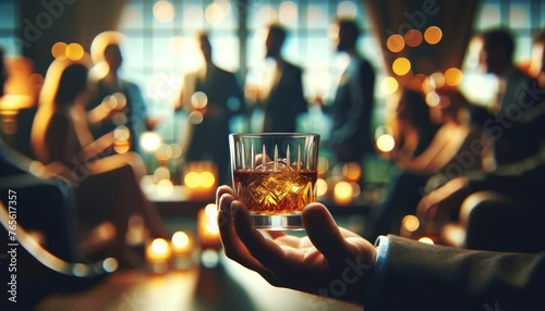 A close-up image of a person's hand holding a whiskey glass, with the background featuring a blurred social gathering to highlight the social aspect o.