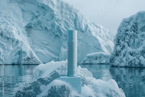 (Mockup) Skincare Product on Ice with Glacier Background