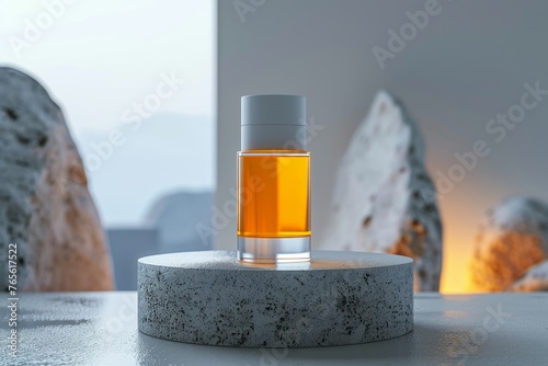 (Mockup) Elegant Facial Serum Bottle Amidst Snowy Peaks