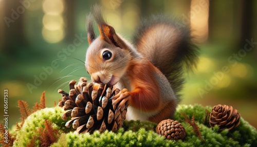 A close-up of a squirrel with an expressive face, playfully wrestling with a pine cone on a bed of soft moss.