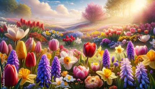 An idyllic spring meadow bathed in soft morning light, featuring a variety of vibrant spring flowers including tulips in red, pink, and yellow, hyacin.
