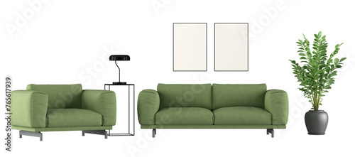 Elegant green sofa and armchair with decor elements, on transparent background- 3D rendering