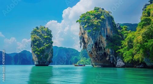 island in Phuket  Thailand with lush green mountains and turquoise water  showcasing the iconic rock formation on the thin islet between two islands