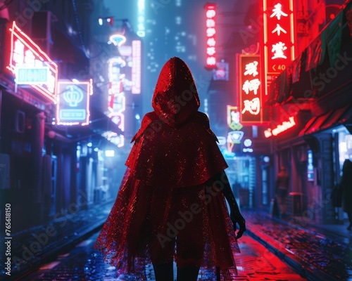 Person walking in futuristic city at night - A figure ventures through a futuristic city street adorned with neon signs and lights, bathed in nighttime hues