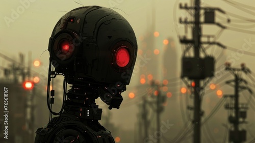 Robotic head against a dystopian cityscape - A robotic head with glowing red eyes overlooking a somber, murky cityscape, reflecting a futuristic or dystopian vibe