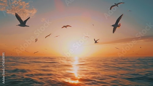 Seagulls flying at a vivid sunset over sea - A flock of seagulls soar through the sky above the sea as the sun sets  painting the scene with warm  radiant colors