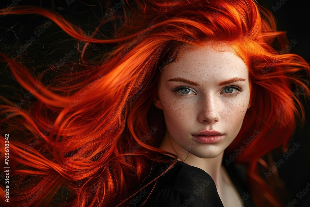 Vivid red-haired woman in a powerful gaze - A woman with striking red hair and a strong expression against a dark backdrop