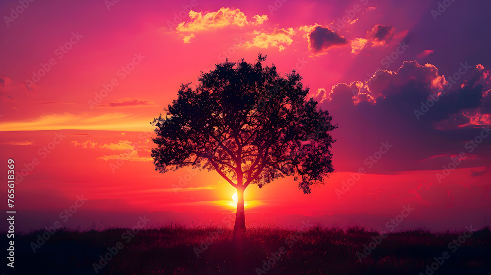 A solitary tree silhouetted against a vibrant sunset
