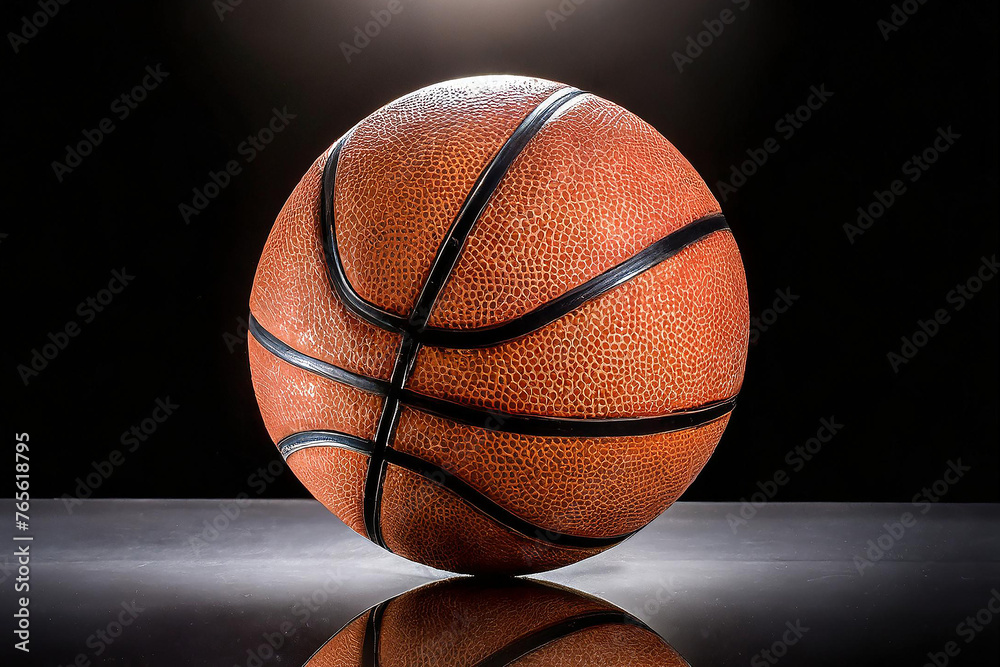 Basketball on black reflective background.