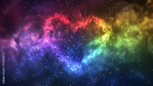 black sky coming together to create a radiant heart pulsating with rainbow hues