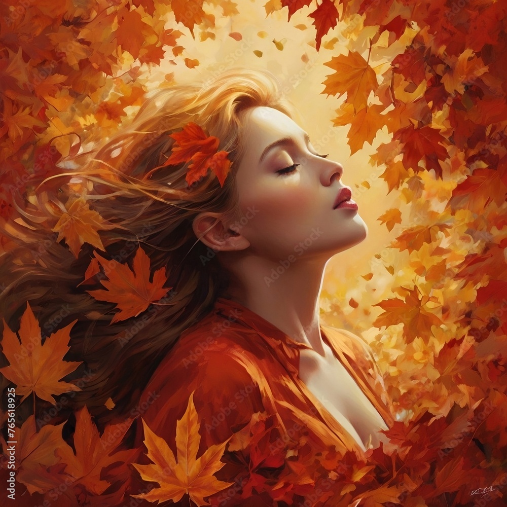 Surrender to autumn's fiery embrace with a woman immersed in its ethereal beauty, evoking divine grace and spiritual awakening. Surrender to autumn's fiery embrace with a woman immersed in its ethereal beauty, evoking divine grace and spiritual awakening.