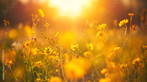 Beautiful field of yellow daisy flowers in sunset light