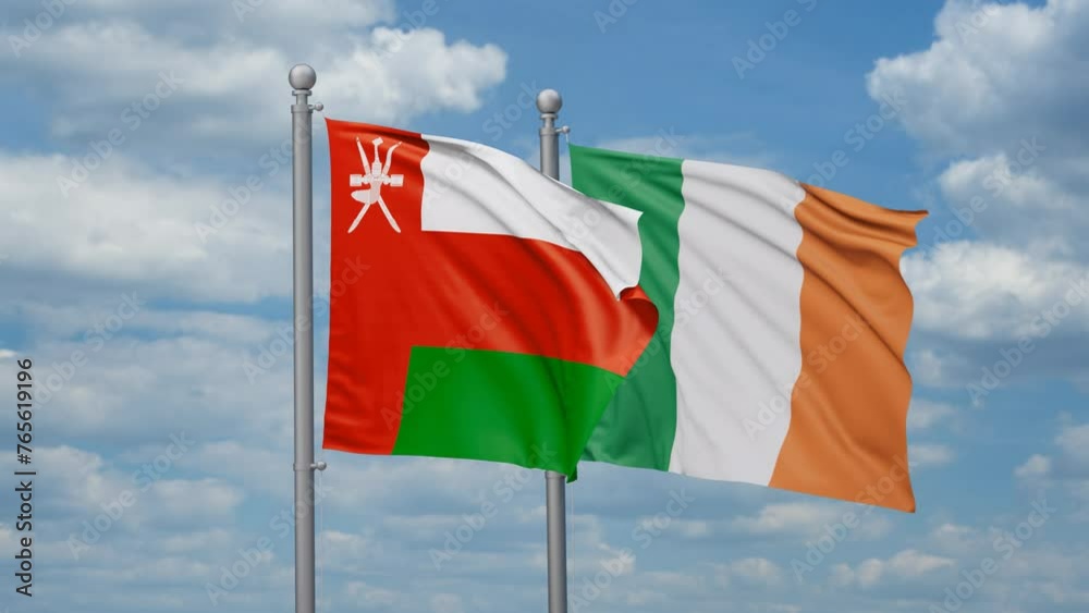 Ireland and Oman two flags waving together, looped video, two country relations concept Ireland and Oman two flags waving together, looped video, two country relations concept