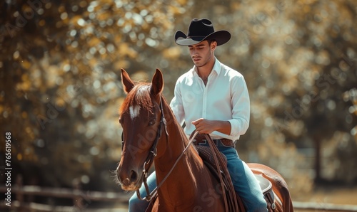 Handsome man wearing white shirt and dark hat with blue jeans and sitting on horse. Riding on obey horse in outdoor or ranch area. banner.