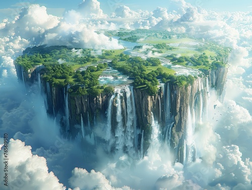 Gargantuan waterfalls cascading from floating islands in the sky © AlexCaelus