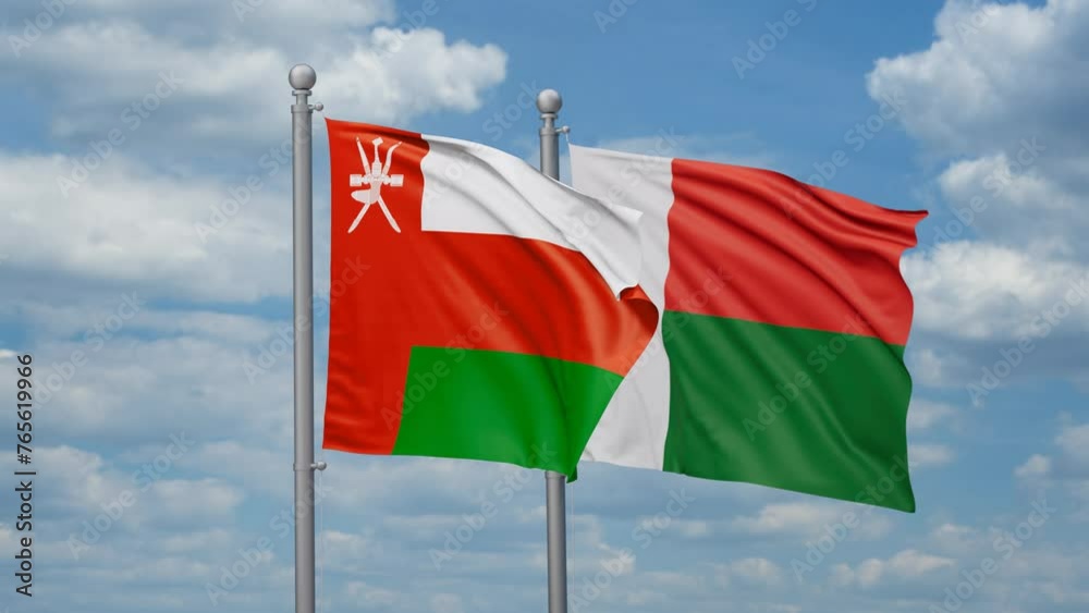 Madagascar and Oman two flags waving together, looped video, two country relations concept