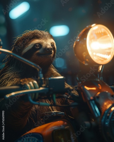 A sloths slow journey illuminated by a motorcycle headlight in the dark, eerie ambiance, side view