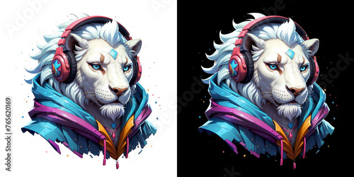 White Lion wearing Headphones mascot T-shirt design for DTF stickers clipart. photo