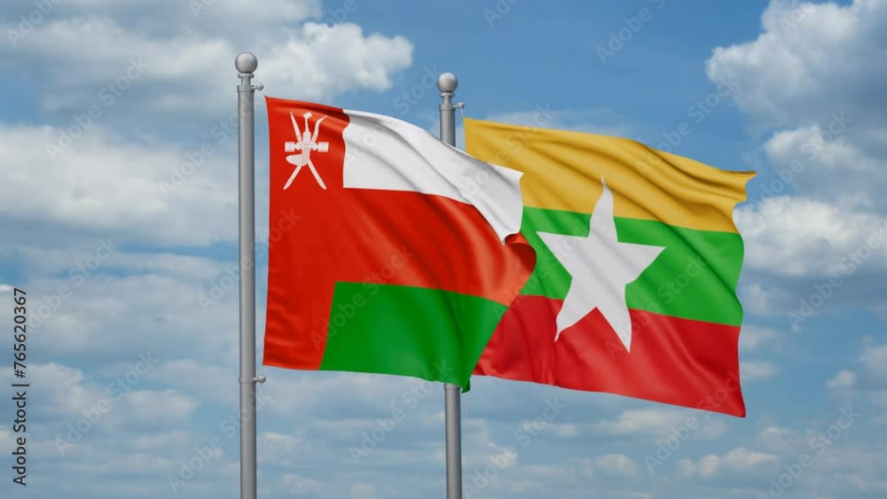Myanmar aka Burma and Oman two flags waving together, looped video, two country relations concept Myanmar aka Burma and Oman two flags waving together, looped video, two country relations concept
