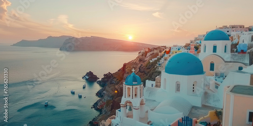 Beautiful sunset view of Santorini, Greece with white buildings and blue domes overlooking the sea