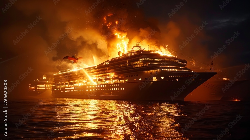 Cruise Ship In Fire At Open Sea Luxury Cruise Floating Liner