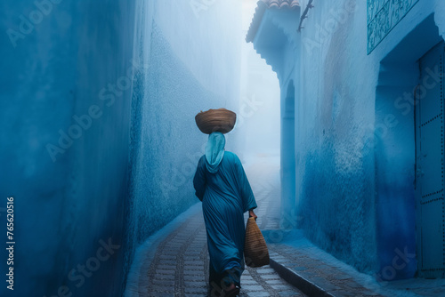 A Moroccan woman in typical Moroccan dress, caring bread basket on her head and walking down the blue-white streets in Chefchaouen - the blue city Morocco - amazing palette of blue and white buildings © Natalia Schuchardt