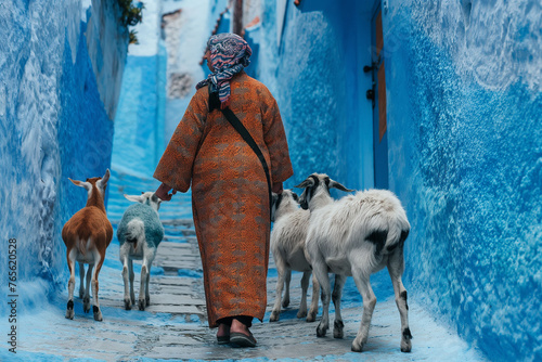  shepherd women with their goats, walking down the blue-white streets in Chefchaouen - the blue city Morocco - amazing palette of blue and white buildings © Natalia Schuchardt