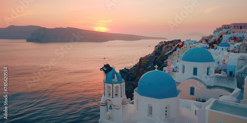 Beautiful sunset view of Santorini, Greece with white buildings and blue domes overlooking the sea