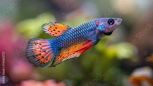  A close-up of a blue and orange fish in a tank surrounded by flowers in the background and a clear, focused image