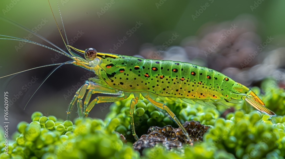  A green and yellow insect on a plant with small red dots on its body