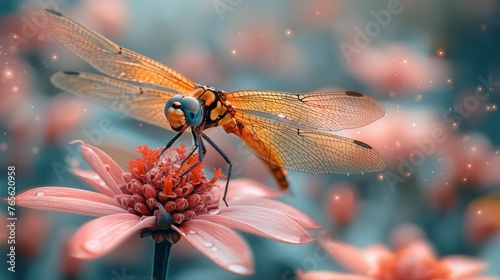   a dragonfly perched atop a pink flower © Jevjenijs
