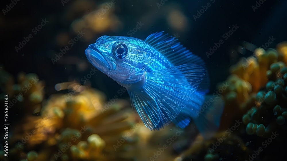 Blue fish close-up in aquarium with corals in foreground and water background Blue fish close-up in aquarium with corals in foreground and water background