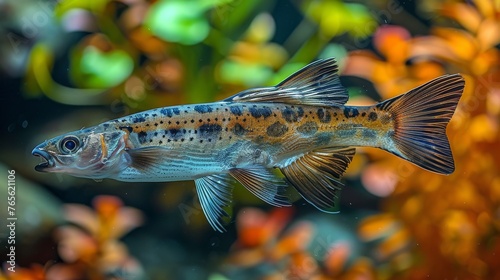  a close-up fish in water with surrounding fish and foreground plants