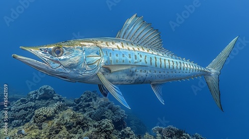  A blue fish swimming on a coral reef in the ocean under a blue sky