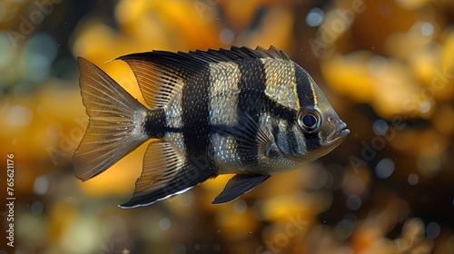  A sharp focus on a fish in an aquarium amidst a clear water backdrop and vibrant foliage plants