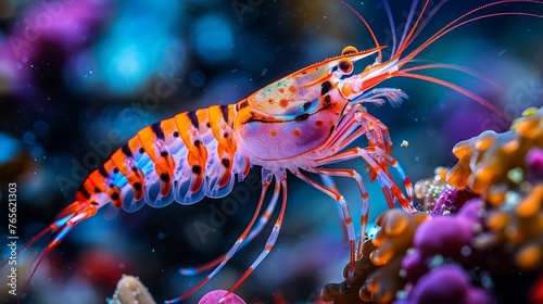  A macro shot of a crimson shrimp perched atop a vibrant coral amidst various coral reefs © Jevjenijs