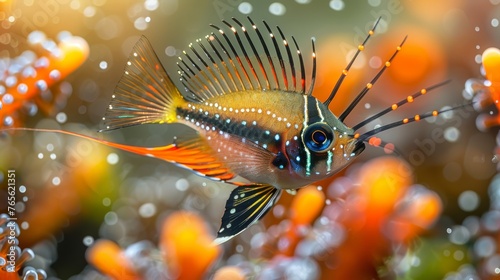  A close-up of a fish surrounded by bubble-filled water and an orange-hued background of flower petals © Jevjenijs