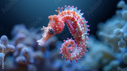  Red and white sea horse on blue and white coral backdrop