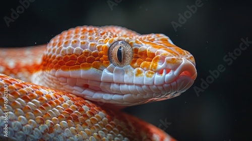  A photo of a colorful snake, its body adorned with orange and white stripes against a dark backdrop