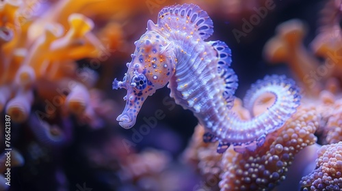  Sea horse on coral, close-up, coral background © Jevjenijs