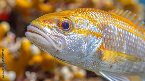  Close-up photo of a fish swimming in a pond with other fish surrounding it and one distinctly visible in front