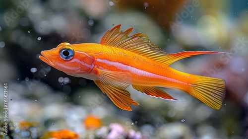  Close-up of a small orange fish in a water body with plants & rocks in background